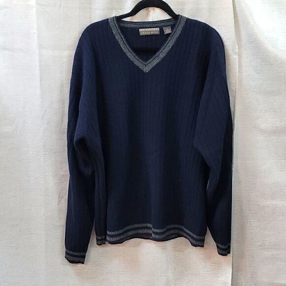 NWOT Men's V-Neck 100% Lambswool Blue Sweater - Picture 1 of 9